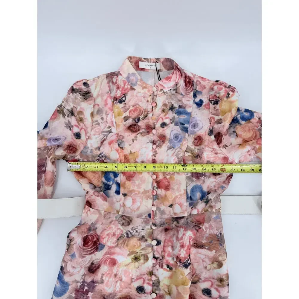 Commense Balloon Sleeve Floral Belted Midi Dress Mock Neck Pink Size Small NWT - Picture 8 of 9
